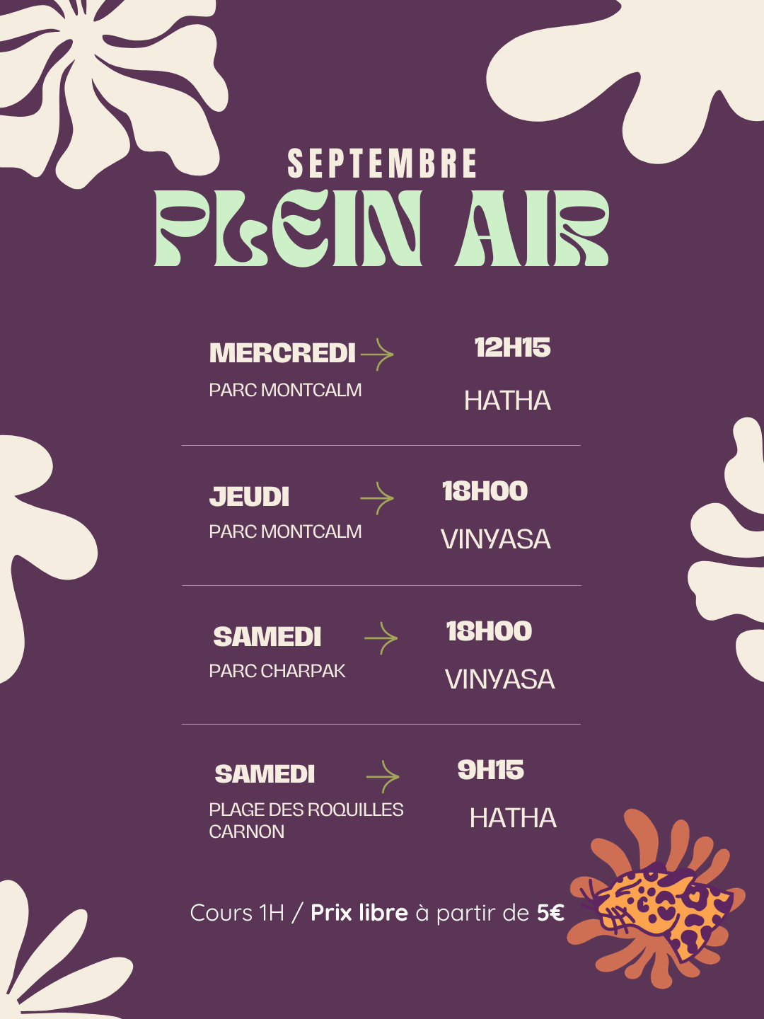 Planning des cours de yoga en plein air à Montpellier et Carnon — septembre 2026