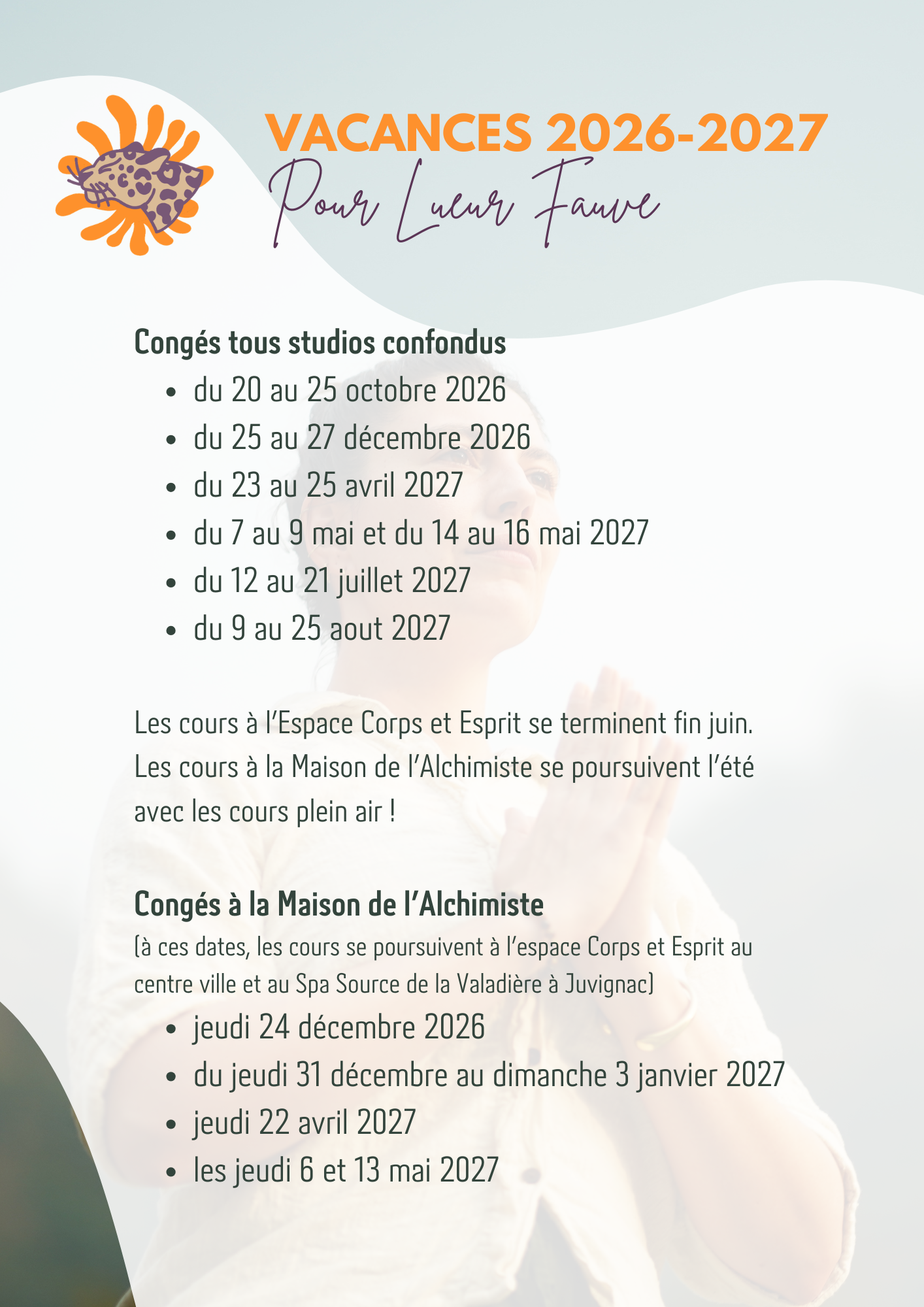 Congés Lueur Fauve 2026-2027 : dates de fermeture des studios