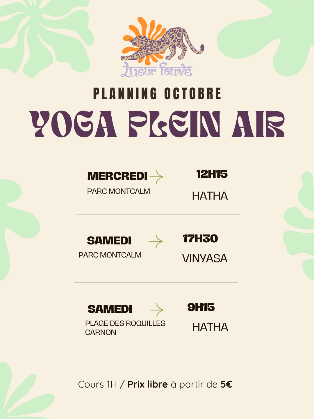 Planning des cours de yoga en plein air à Montpellier et Carnon — octobre 2026