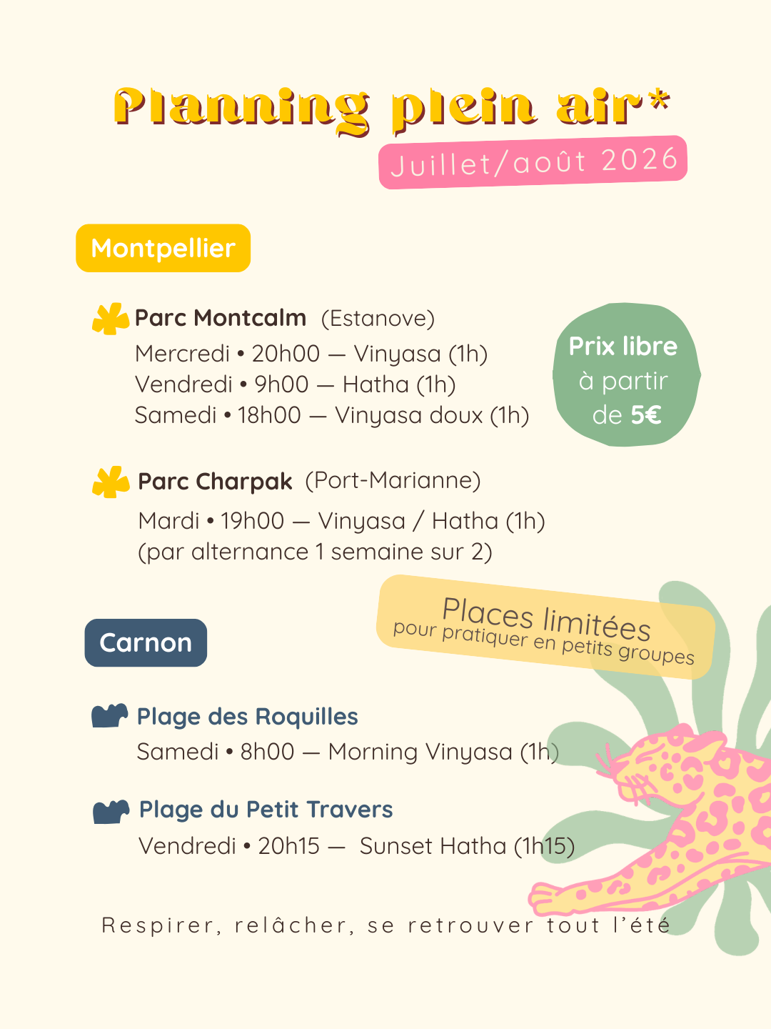 Planning des cours de yoga en plein air à Montpellier et Carnon — juillet et août 2026