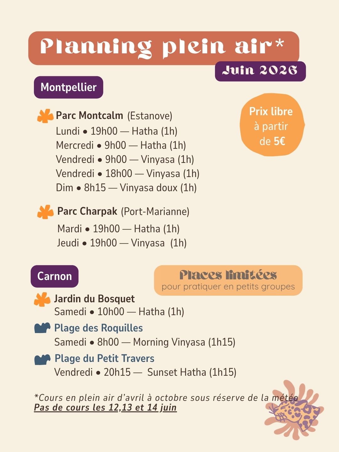 Planning des cours de yoga en plein air à Montpellier et Carnon — juin 2026